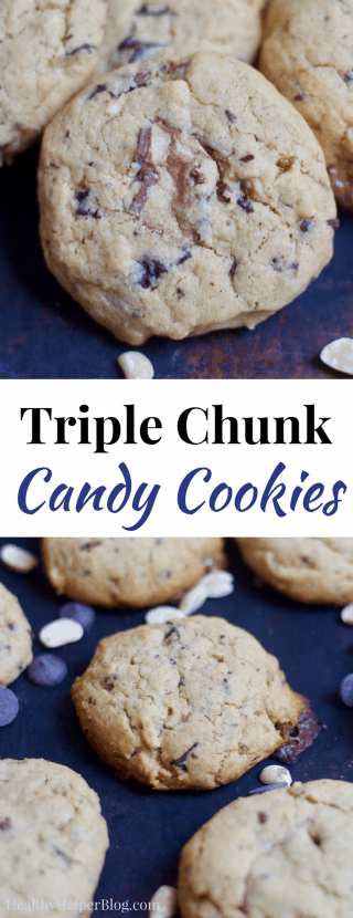 Triple Chunk Candy Cookies | Healthy Helper @Healthy_Helper Deliciously decadent chocolate peanut butter cookies JAM-PACKED with your favorite candies! These Triple Chunk Candy Cookies are the perfect way to ring in the holiday baking season and indulge your sweet tooth in more ways than one. Whole grain, made from REAL FOOD ingredients, and perfect for giving to your family and friends as homemade gifts!