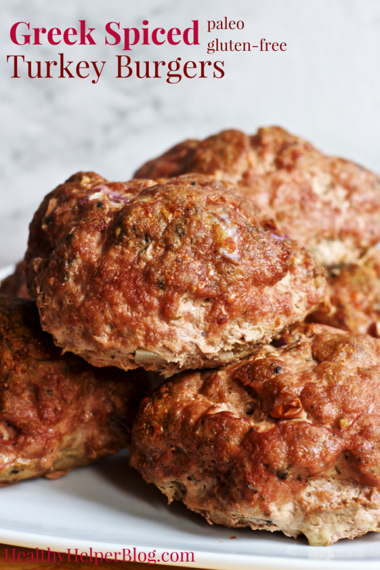 Greek Spiced Turkey Burgers | Healthy Helper @Healthy_Helper An easy turkey burger recipe with all the flavor of your favorite Greek foods! Gluten-free, paleo, and SO flavorful! You'll love these for an easy weeknight meal. 