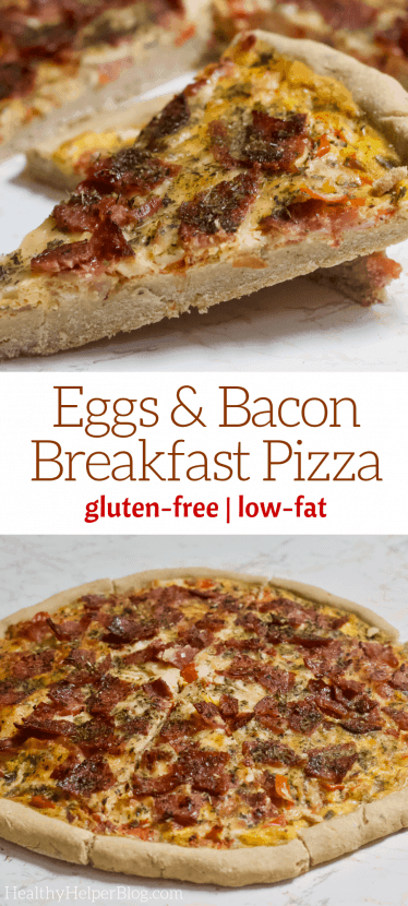 Eggs & Bacon Oat Crust Breakfast Pizza | The ultimate homemade breakfast pizza! A whole grain crust topped with eggs, bacon, cheese, and veggies for a delicious morning meal that will get you excited to wake up. Gluten-free and low-fat!