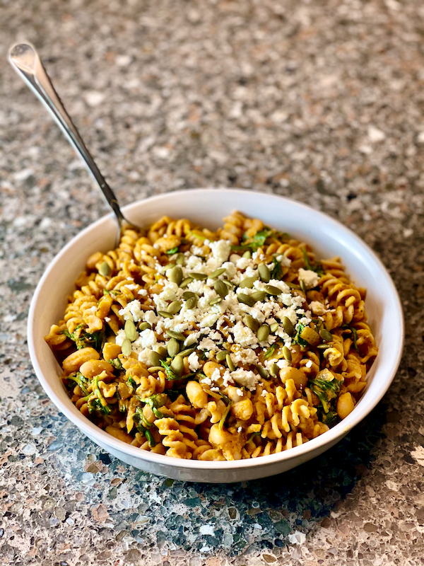 Savory Pumpkin Pasta | A one-pot vegetarian pasta dish filled with seasonal ingredients and flavors. This Savory Pumpkin Pasta is a sweet and savory comfort food meal that your whole family will love!