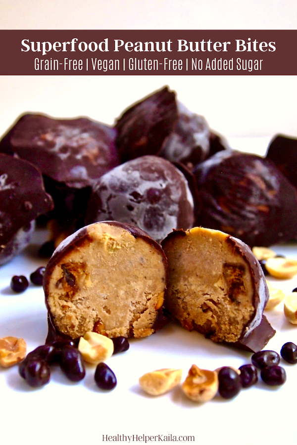 Superfood Peanut Butter Bites | A host of superfoods all in one small bite! These Superfood Peanut Butter Bites are perfect for a boost of energy in your day. They are vegan, gluten-free, no added sugar, and CHOCOLATE-COVERED. Healthy snacking doesn't get any better!