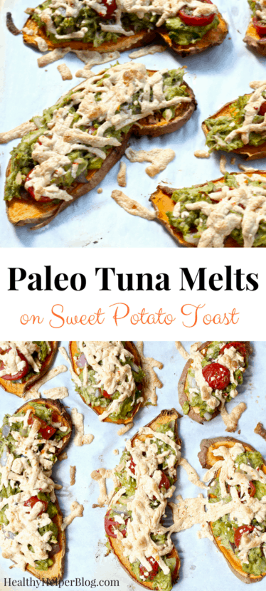 Paleo Tuna Melts on Sweet Potato Toast | Healthy Helper @Healthy_Helper The ultimate paleo tuna melt! These deliciously healthy open-faced sandwiches have everything you love about a classic tuna melt without using any dairy or gluten. They're full of healthy fats, lean proteins, and even feature sweet potato toast instead of bread! 