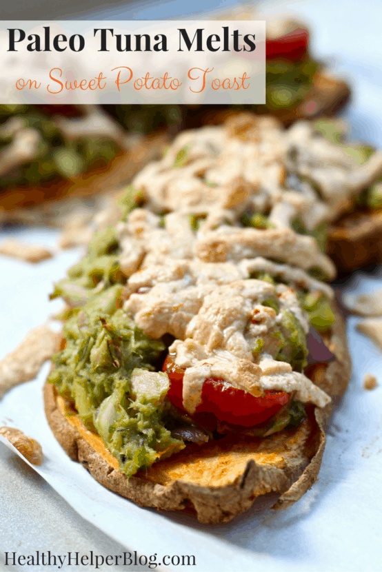 Paleo Tuna Melts on Sweet Potato Toast | Healthy Helper @Healthy_Helper The ultimate paleo tuna melt! These deliciously healthy open-faced sandwiches have everything you love about a classic tuna melt without using any dairy or gluten. They're full of healthy fats, lean proteins, and even feature sweet potato toast instead of bread! 