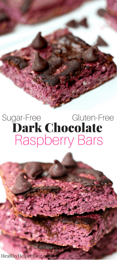 Dark Chocolate Raspberry Bars | Healthy Helper @Healthy_Helper Decadent, rich dark chocolate swirls top these soft-baked, tart raspberry bars! High in protein and gluten-free, these bars are great for quelling chocolate cravings and will fill your house with the most luxurious smell of cocoa and raspberries.