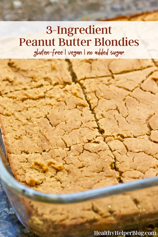 3-Ingredient Peanut Butter Blondies | It only takes 3 simple, every day ingredients to create these lusciously fudgy peanut butter blondies! Dense and delicious, biting into one of these bars will transport you to peanut butter heaven. Vegan, grain-free, and easy to make!