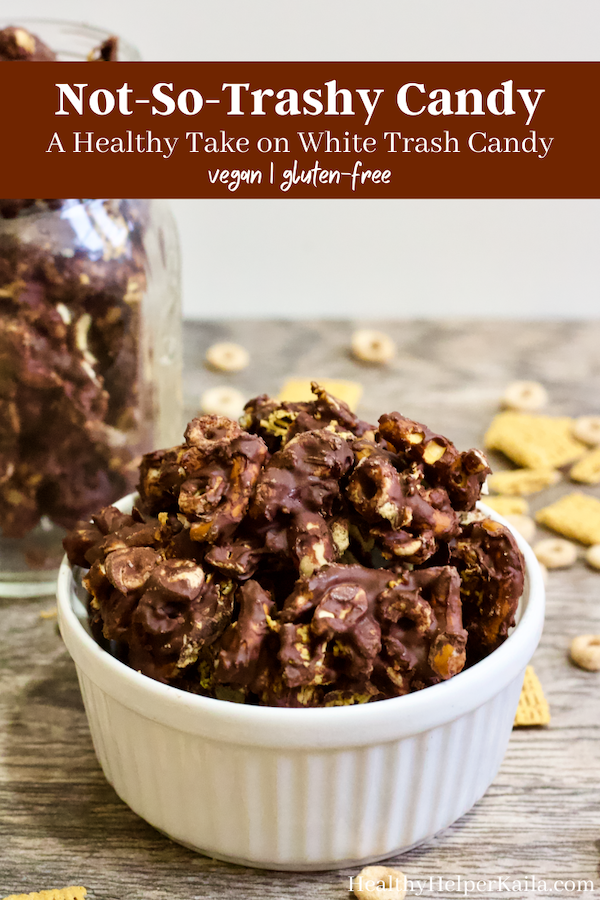 Not-So-Trashy Candy. | A healthy twist on a classic holiday candy treat! White Trash Candy gets a healthy makeover in my version of Not-So-Trashy Candy. Dark chocolate, unsweetened dried fruits, whole grain cereals, and other superfoods make the perfect mix of sweet n' salty flavor while being better for you than the original! This is a holiday snack you can feel good about making AND eating.