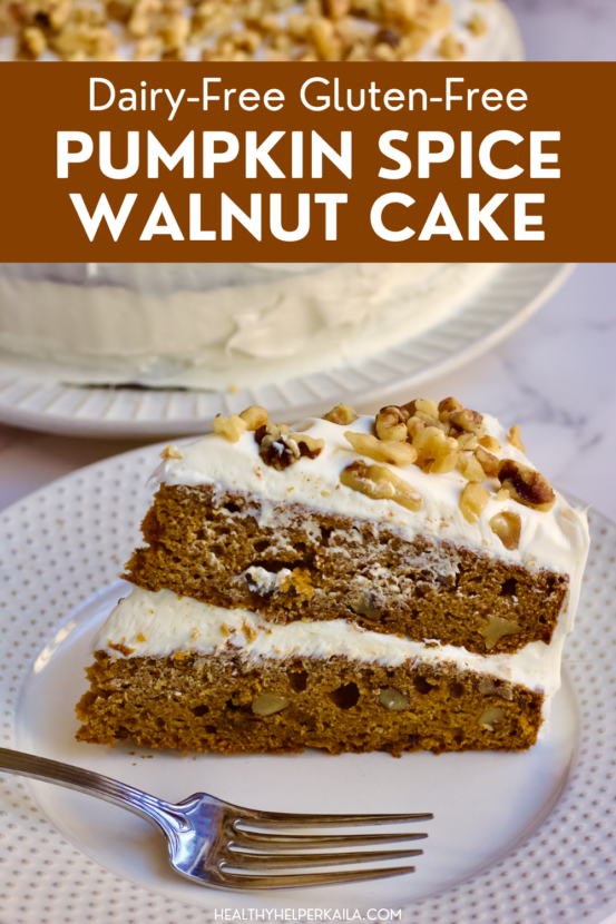 Delicious dairy-free gluten-free Pumpkin Spice Cake studded with rich walnuts and topped with decadent cream cheese frosting! A lighter, healthier option for homemade dessert during the holidays. This easy-to-make, from-scratch cake is a family favorite and a guaranteed crowd-pleaser. Made with whole grains and REAL food ingredients!