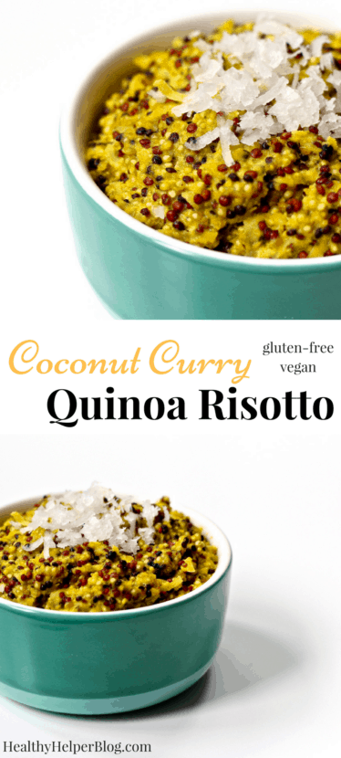 Coconut Curry Quinoa Risotto | Healthy Helper @Healthy_HelperFragrant, comforting, and full of delicious exotic flavors! This quinoa risotto is a unique twist on classic risotto and is made easily in a rice cooker. Just set it and forget it! Perfectly spiced, vegan, and gluten-free. 