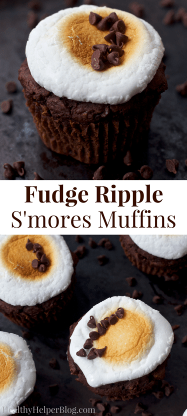 Fudge Ripple S'mores Muffins | Healthy Helper @Healthy_Helper All the flavor of your favorite childhood treat bundled into a light n' fluffy, fudge-filled muffin! Topped with a perfectly golden marshmallow and stuffed with graham cracker pieces, these gluten-free muffins make the perfect healthy snack or sweet treat for the family!
