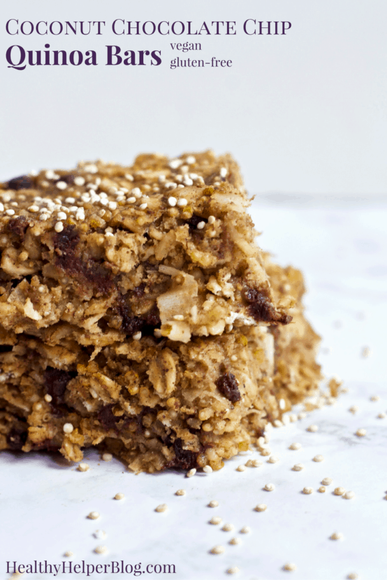 Coconut Chocolate Chip Quinoa Bars | Healthy Helper @Healthy_Helper Perfect for starting your day with a or snacking on-the-go these nutty, chocolate-filled bars are light, fluffy, and delicious! Vegan, gluten-free, and super simple to make too. You'll love the wholesome ingredients and natural sweeteners used. 