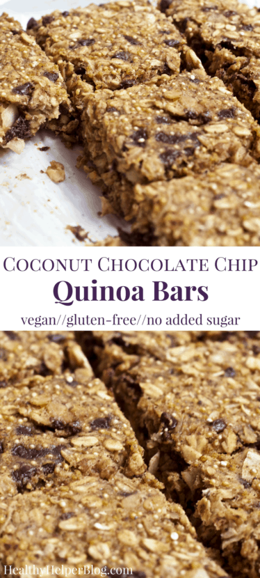 Coconut Chocolate Chip Quinoa Bars | Healthy Helper @Healthy_Helper Perfect for starting your day with a or snacking on-the-go these nutty, chocolate-filled bars are light, fluffy, and delicious! Vegan, gluten-free, and super simple to make too. You'll love the wholesome ingredients and natural sweeteners used. 