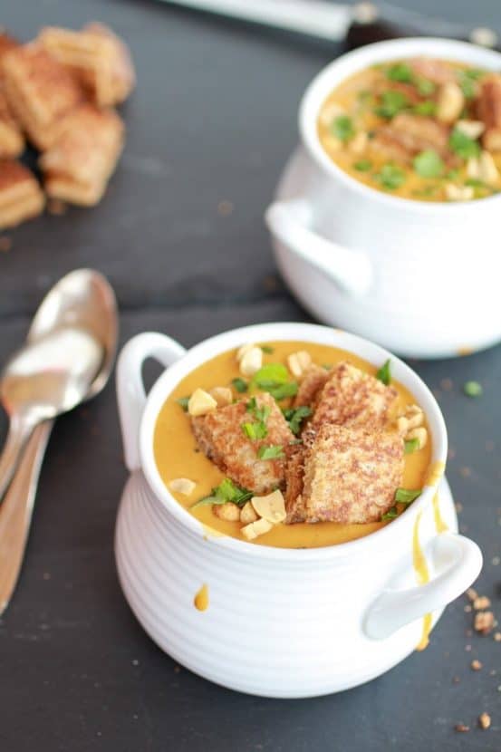 Thai Peanut Soup with Grilled Peanut Butter Croutons | Healthy Helper @Healthy_Helper