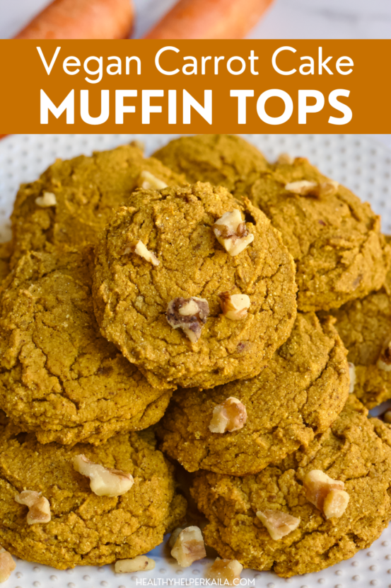 Carrot cake in muffin top form! Vegan, gluten-free, and no added sugar. These little treats are sweetened only with Medjool dates and are perfect for a healthy breakfast or snack on the go!