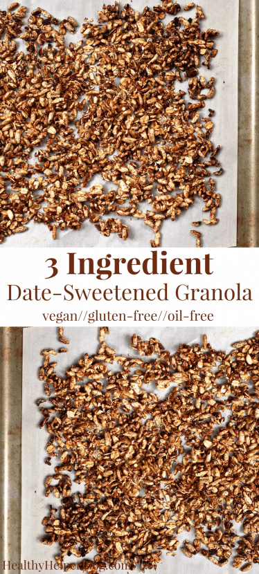 3 Ingredient Date Sweetened Granola | Healthy Helper @Healthy_Helper The basic, everyday granola recipe you need in your cooking arsenal! Only 3 ingredients, vegan, and gluten-free, this easy recipe is perfect for adding your favorite mix-ins to. Crispy, crunchy, and only sweetened with dates! 