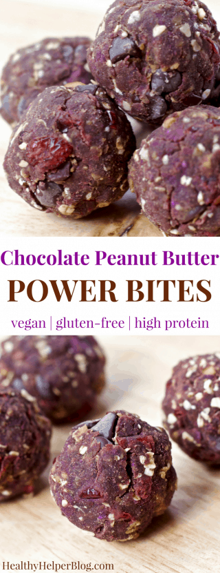 Chocolate Peanut Butter POWER Bites | Healthy Helper @Healthy_Helper Chocolate peanut butter deliciousness in a bite sized, energy boosting snack! These Chocolate Peanut Butter POWER Bites are jam-packed with protein, fiber, and healthy fats to keep you going all day long. They're vegan, gluten-free, have no added sugar, and are made with a secret SUPERFOOD.
