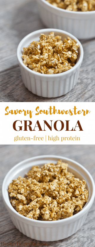Savory Southwestern Granola | Healthy Helper @Healthy_Helper A savory spin on a classic snack! This cheesy, salty Southwestern Granola is crunchy and satisfying. It's high protein, naturally gluten-free, and low in fat. Perfect for munching on the go and changing things up from your usual snack options.