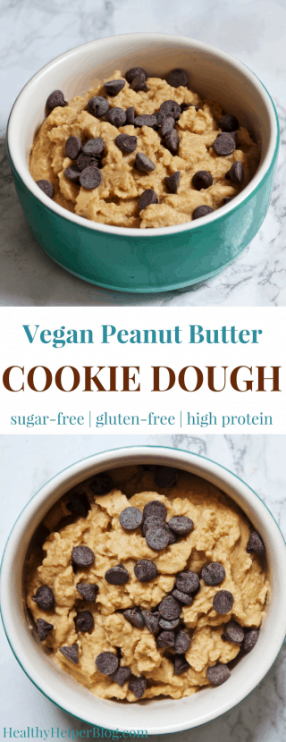 Vegan PB Chocolate Chip Cookie Dough | Healthy Helper @Healthy_Helper The ultimate edible cookie dough for vegans and non-vegans alike! This high protein, single-serve recipe is gluten-free, grain-free, and sugar free. It's full of chocolate chips and perfect for when your cookie cravings strike!