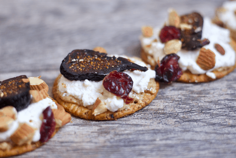 Creamy Almond and Fig Crackers Stacks | Healthy Helper @Healthy_Helper A creamy, crunchy appetizer that everyone will love! Layered with rich almond butter, mild ricotta cheese, and sweet figs these cracker stacks are everything you could want in a snack. High in protein, low in fat, full of whole grain fiber, and perfect for sharing with others!