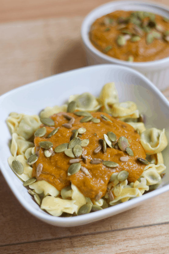 Sweet n' Spicy Pumpkin Sauce with Spinach Tortellini | Healthy Helper @Healthy_Helper A creamy, seasonal sauce with subtle sweetness and lots of spice! This Sweet n' Spicy Pumpkin Sauce is vegan, gluten-free, and filled with flavorful herbs and spices. Paired with crave-worthy tortellini, you have a meal that's fit for fall! 