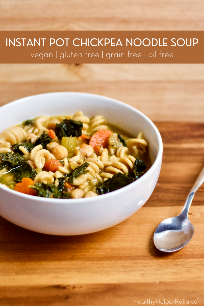 Instant Pot ChickPEA Noodle Soup | Hearty and healthy, this Vegan ChickPEA Noodle Soup will be your new favorite plant-based alternative to traditional chicken noodle soup! Full of vegetables, plant-based protein, and whole grains, this soup will fill you up, keep you satisfied, and nourish your body all in one bowl. Gluten-free, low-fat, and super easy to make in the Instant Pot!