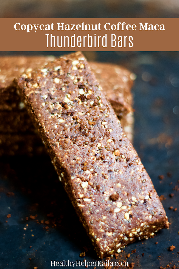 Copycat Hazelnut Coffee Maca Thunderbird Bars |  Aromatic coffee combines with rich chocolate, hazelnuts, and superfood maca for the ultimate energy bar! Raw, vegan, gluten-free, and no added sugar, these copycat bars taste just like your favorite Thunderbird bar. 