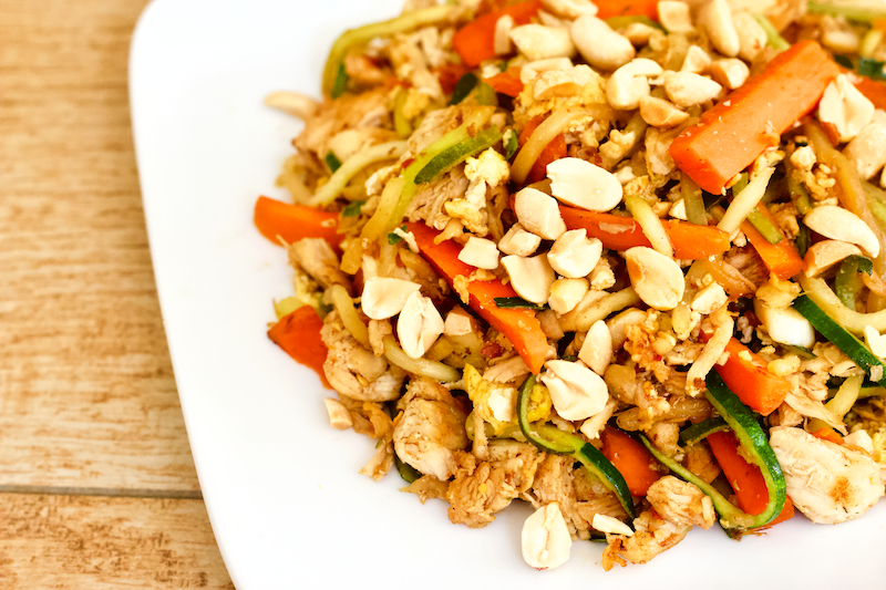 Healthy Low-Carb Chicken Pad Thai | A healthy low-carb alternative to your favorite takeout meal! Full of veggies, flavorful sauce, and lean proteins, this delicious Chicken Pad Thai recipe will be your new go-to for when you're craving Thai food.