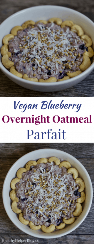 Vegan Blueberry Overnight Oatmeal Parfait | Healthy Helper @Healthy_Helper Thick n' creamy overnight oats with the sweetness of blueberries and crunchy nuts throughout! Vegan, gluten-free, and simple to make, this Blueberry Overnight Oatmeal Parfait will be your new favorite make-ahead morning meal. 