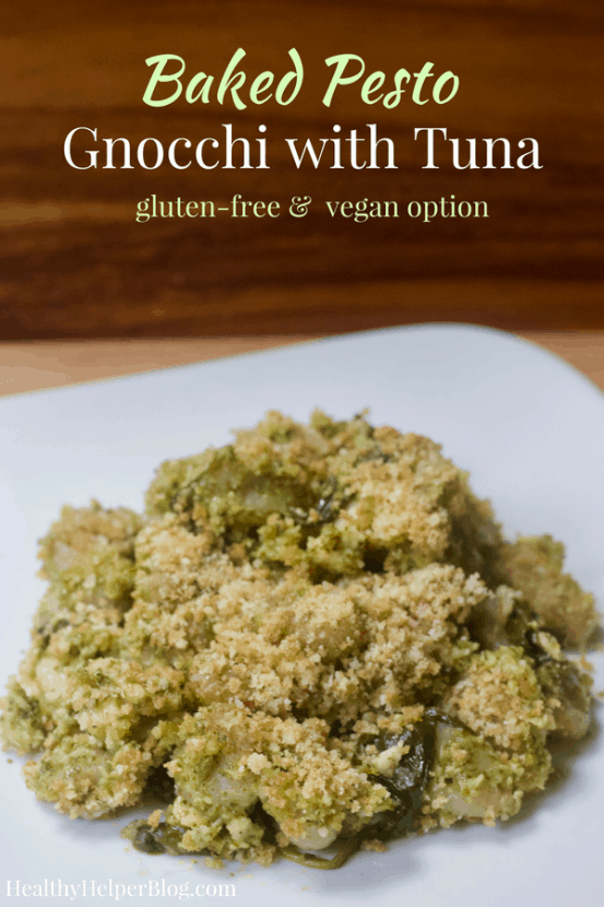 Baked Pesto Gnocchi with Tuna | Healthy Helper Cheesy, savory, and full of fresh basil, this baked pasta dish is a deliciously easy meal that the WHOLE family will love! Pesto Gnocchi with Tuna will be your new favorite weeknight meal. Less than 6 ingredients, full of lean protein, and whole-grains!