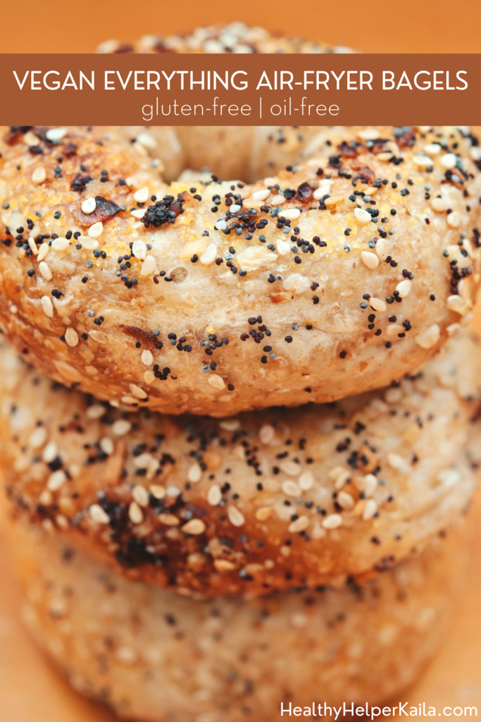 Vegan Everything Air-Fryer Mini Bagels | Your favorite salty n' savory Everything bagels gone vegan and gluten-free! Made in the Air Fryer, these healthy, whole grain bagels are low-fat, high-protein, oil-free, and require no boiling/baking. Easy to make and SO delicious with your favorite vegan cream cheese spread.