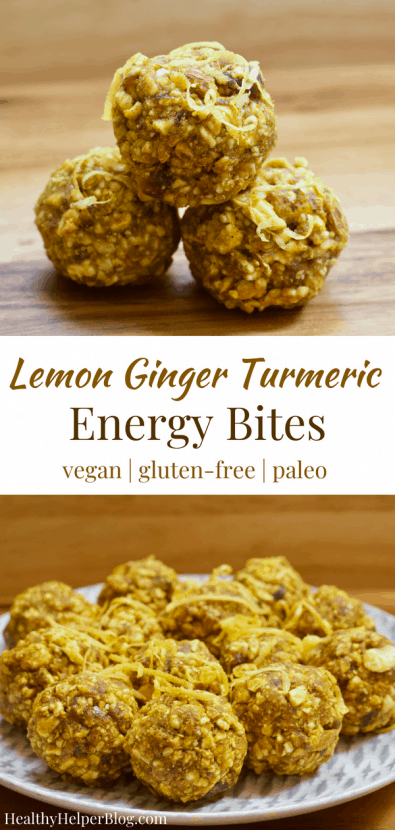 Lemon Ginger Turmeric Energy Bites | Healthy Helper Sweetly spiced raw energy bites with the fresh flavor of lemon and the inflammation fighting power of turmeric. Vegan, gluten-free, and so easy to make, these bites will be your new favorite way to fuel your day. 