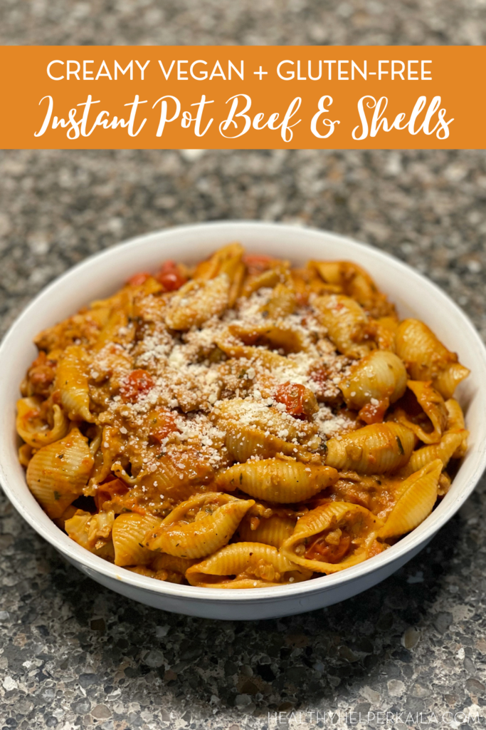Creamy Vegan Beef and Shells | This Creamy Vegan Beef & Shells dish is an easy one pot dinner made entirely in a pressure cooker. It's like homemade hamburger helper, with beefless crumbles and pasta in a tomato cream sauce and very kid-friendly!