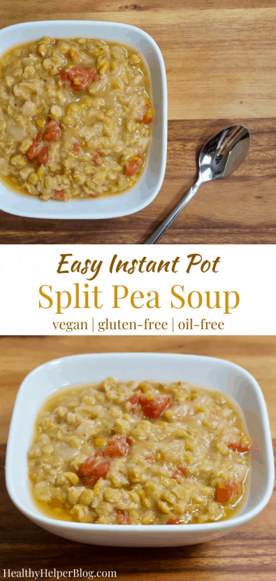 Easy Instant Pot Split Pea Soup | Healthy Helper This simple Split Pea Soup is made from only 4 ingredients and has zero added fat. In only 25 minutes using a pressure cooker, you'll have a large batch of healthy vegan soup to use for quick meals all week! Naturally gluten-free and full of plant-based protein, this is the EASIEST Split Pea Soup you'll ever make...and the tastiest too.