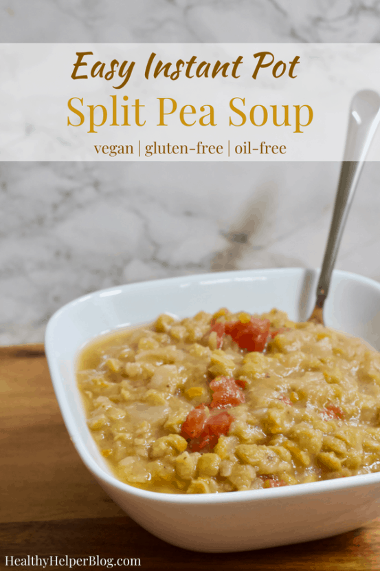Easy Instant Pot Split Pea Soup | Healthy Helper This simple Split Pea Soup is made from only 4 ingredients and has zero added fat. In only 25 minutes using a pressure cooker, you'll have a large batch of healthy vegan soup to use for quick meals all week! Naturally gluten-free and full of plant-based protein, this is the EASIEST Split Pea Soup you'll ever make...and the tastiest too.