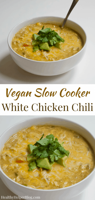 Vegan Slow Cooker White Chicken Chili | Healthy Helper Creamy, flavorful White 'Chicken' Chili made in the slow cooker with NO animal products! Vegan, filled with vegetables, and tastes just like the original. Your family will never be able to tell the difference between this hearty vegan chili and a meat-filled one. 