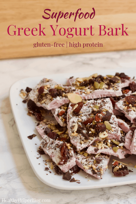 Superfood Greek Yogurt Bark | Healthy Helper A frozen treat the whole family will love! Bursting with superfood ingredients, this blueberry vanilla Greek yogurt bark will satisfy your sweet tooth while providing you with a great source of protein and healthy fats. The perfect after school snack or dessert! 
