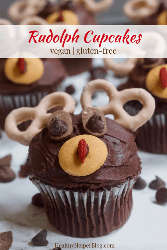 Rudolph the Red-Nosed Reindeer Cupcakes | Healthy Helper Delicious chocolate cupcakes decorated to the likeness of Rudolph, the Red-Nosed Reindeer! The ULTIMATE holiday treat to make for your friends and family. Vegan, gluten-free, and naturally sweetened.