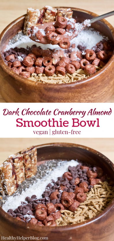 Dark Chocolate Cranberry Almond Smoothie Bowl | Rich, creamy, chocolatey, and fruity....this Dark Chocolate Cranberry Almond Smoothie Bowl has everything you could want in a sweet breakfast! Topped with granola, cereal, nuts, seeds, coconut, and other superfoods...it's like having dessert for breakfast but much healthier.