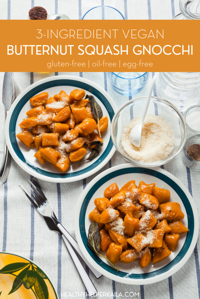3-Ingredient Butternut Squash Gnocchi | Soft, pillowy butternut squash pasta bites with only 3 ingredients and made from scratch! This squash-based version of classic potato gnocchi is gluten-free, egg-free, and totally vegan. Just boil water and cook for a few minutes to indulge in a dish of pasta perfection! Top with your favorite sauce or seasonings for comforting, healthy meal any time you want.