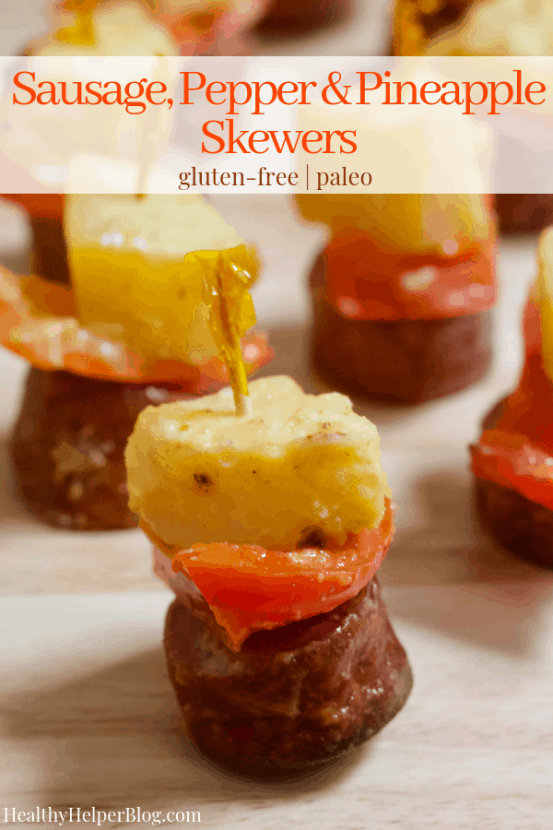 Sausage, Pepper, and Pineapple Skewers | Perfectly portioned, sweet and savory sausage kabobs paired with fresh red peppers and pineapple. Baked with a tangy Dijon-maple sauce, these mini-kabobs are a meaty mouthful that everyone will love to munch at your next get-together.