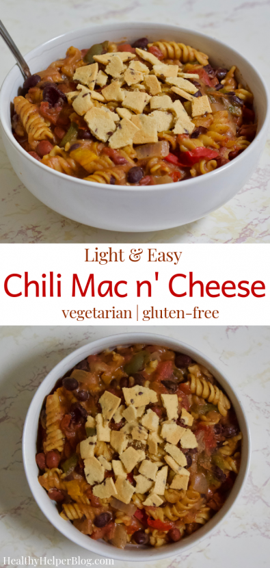 Light and East Chili Mac n' Cheese | Lightened up comfort food at its finest! This Chili Mac n' Cheese is vegetarian, gluten-free, and lower in fat & calories than a traditional version. Easy to make and a total crowdpleaser, your whole family will love this hearty, healthy meal.