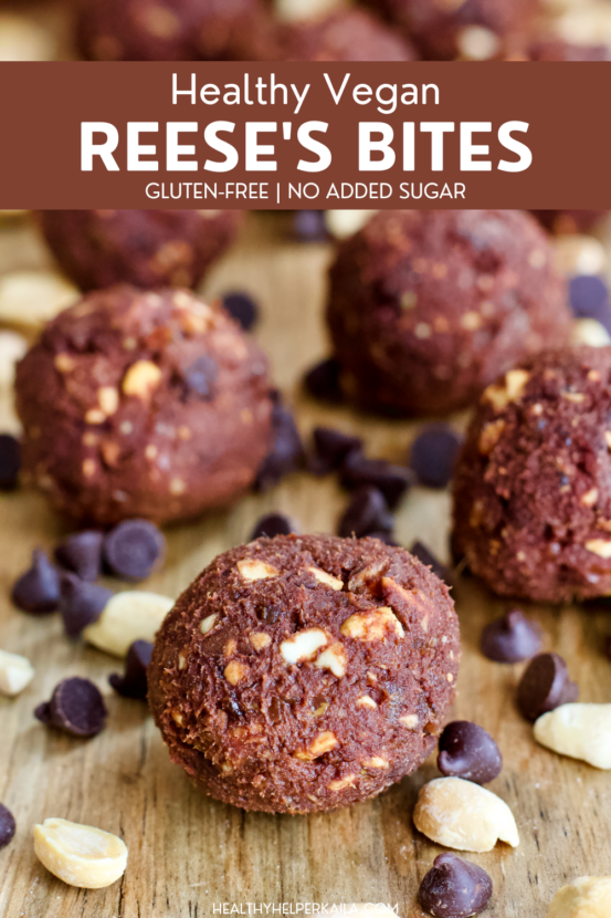 Healthy Vegan Reese's Bites | Chocolate peanut butter bites with the creamy, richness of a truffle and the wholesomeness of a healthy homemade treat. These Reese's Bites will be your new favorite way to satisfy your sweet tooth. Vegan, gluten-free, and absolutely delicious!