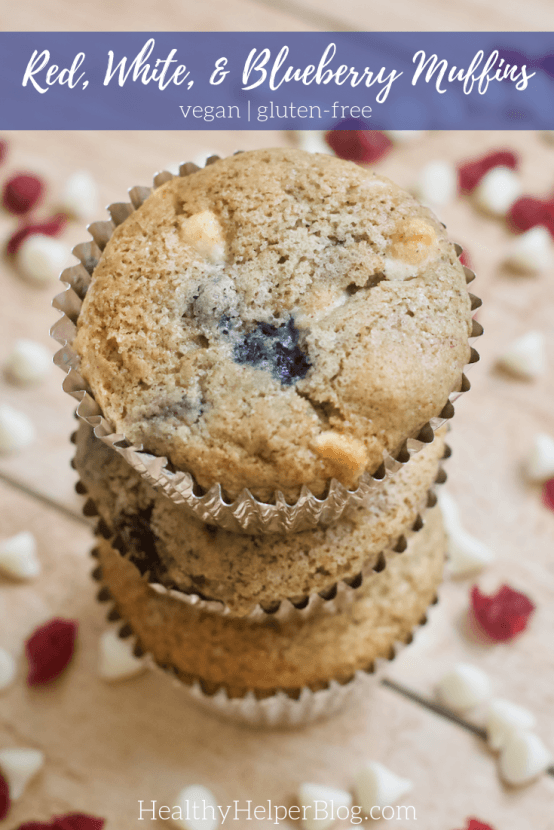 Red, White, and Blueberry Muffins | The perfect patriotic snack for the Fourth of July! These Red, White, and Blueberry Muffins are full of fruity goodness and the swirls of white chocolate. Low in sugar, gluten-free, and vegan. A summer treat not to miss!