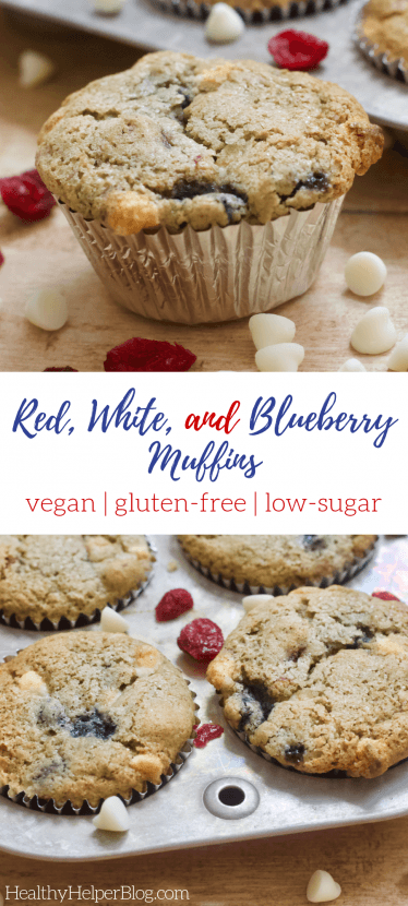 Red, White, and Blueberry Muffins | The perfect patriotic snack for the Fourth of July! These Red, White, and Blueberry Muffins are full of fruity goodness and the swirls of white chocolate. Low in sugar, gluten-free, and vegan. A summer treat not to miss!