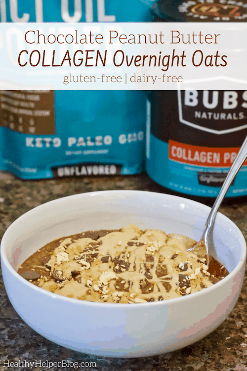 Chocolate Peanut Butter Collagen Overnight Oats | A chocolate peanut butter delight for breakfast! These Chocolate Peanut Butter Overnight Oats are gluten-free, dairy-free, sugar-free, and full of protein to keep you satisfied until lunchtime.