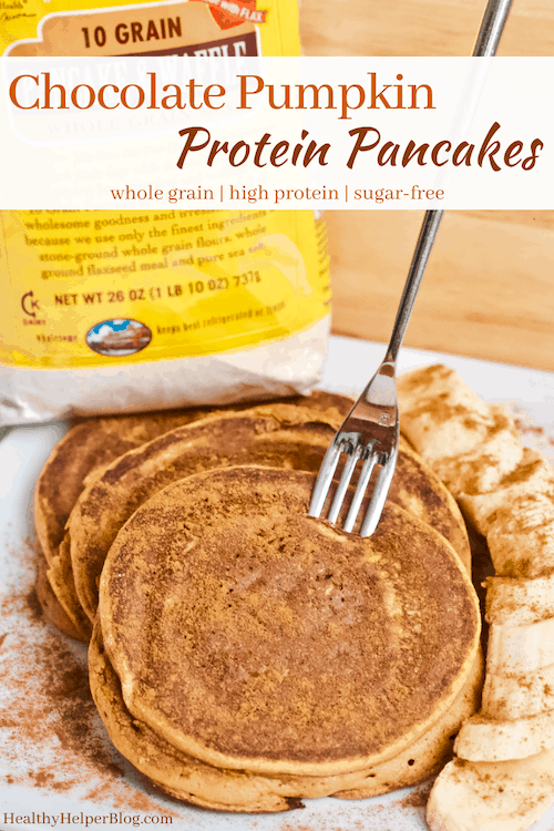 Chocolate Pumpkin Protein Pancakes | Soft n' fluffy pancakes made with high fiber pumpkin puree, chocolate protein powder, and 10 grain pancake mix! A healthy, filling alternative to traditional pancakes and perfect for satisfying a sweet tooth...no syrup needed.