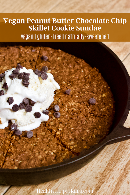 Vegan Peanut Butter Chocolate Chip Skillet Cookie Sundae | Warm peanut butter chocolate chip skillet cookie combines with cold, creamy vegan gelato for the ultimate clean treat! Gluten-free, naturally sweetened, and sure to satisfy all your dessert cravings.