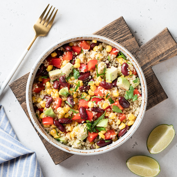 Quinoa Black Bean Veggie Salad with Mango and Avocado | A veggie packed salad filled with fiber and plant-based protein from quinoa and black beans. Vegan, gluten-free, and oil-free.