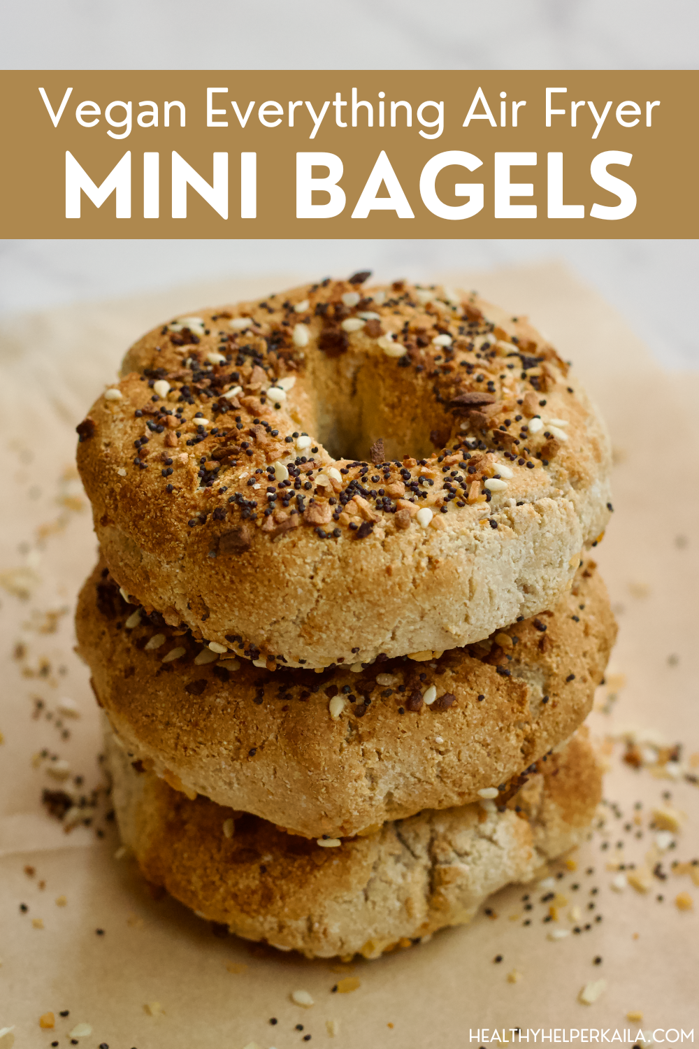 Your favorite salty n' savory Everything bagels gone vegan and gluten-free! Made in the Air Fryer, these healthy, whole-grain bagels are low-fat, high-protein, oil-free, and require no boiling/baking. Easy to make and SO delicious with your favorite vegan cream cheese spread.