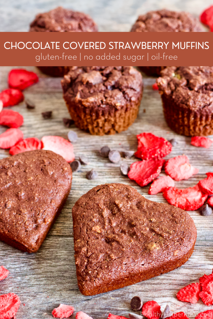 Chocolate Covered Strawberry Muffins | Fruity, chocolatey protein muffins that taste like sweet, chocolate covered strawberries! These healthy muffins are gluten-free, oil-free, and have no added sugar. A delicious way to satisfy your sweet tooth!