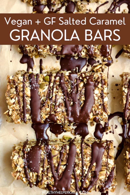 Easy, no-bake Vegan Salted Caramel Granola Bars are nut-free, gluten-free, and have no added sugar. Your new go-to healthy snack!